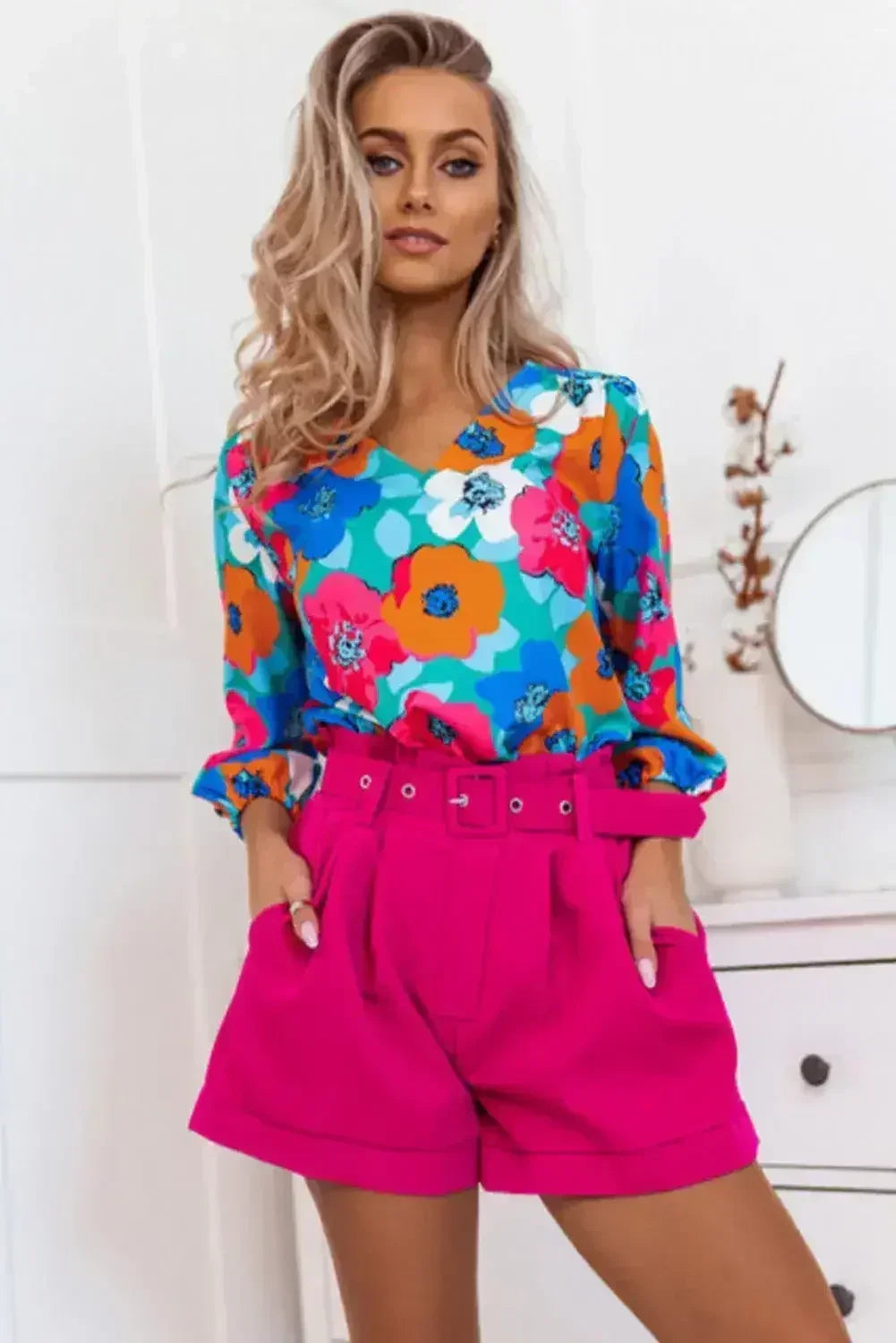 Floral V-Neck Blouse - 3/4 Sleeve Office Wear | Femstylo