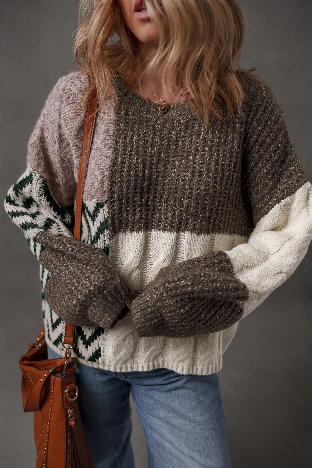 Brown Colorblock Patchwork Knotted Back Loose Fit Sweater