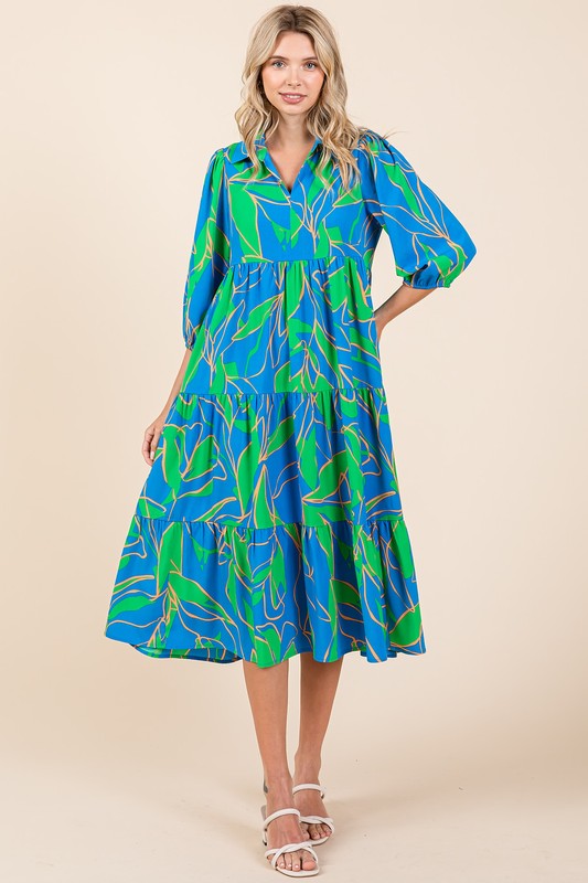 New Summer Tiered Printed Collared Neck Midi Dress – Chic and Sophisticated Midi Dress with Layered Design and Polished Collared Neckline