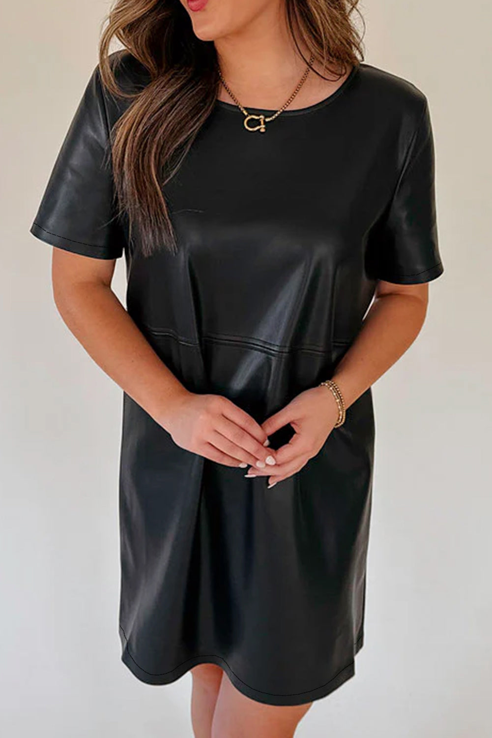 Black Round Neck Short Sleeve Mini Dress Basic Style Dress For Women Simple Style Dress