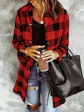 Deep Red Plaid Collared Neck Snap-Down Long Sleeve Jacket – Classic & Trendy Outerwear with Pockets