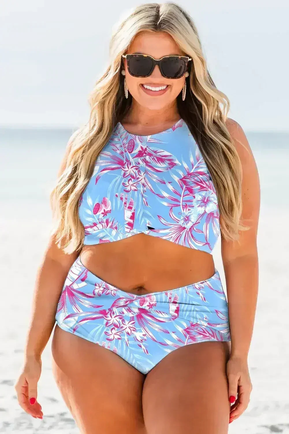 Rose Plus Size Floral Print Twisted High Waist Bikini Set