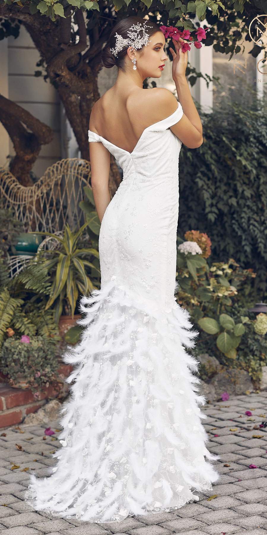 Nox Anabel C1106W Long Mermaid Off the Shoulder Gown with Feathers