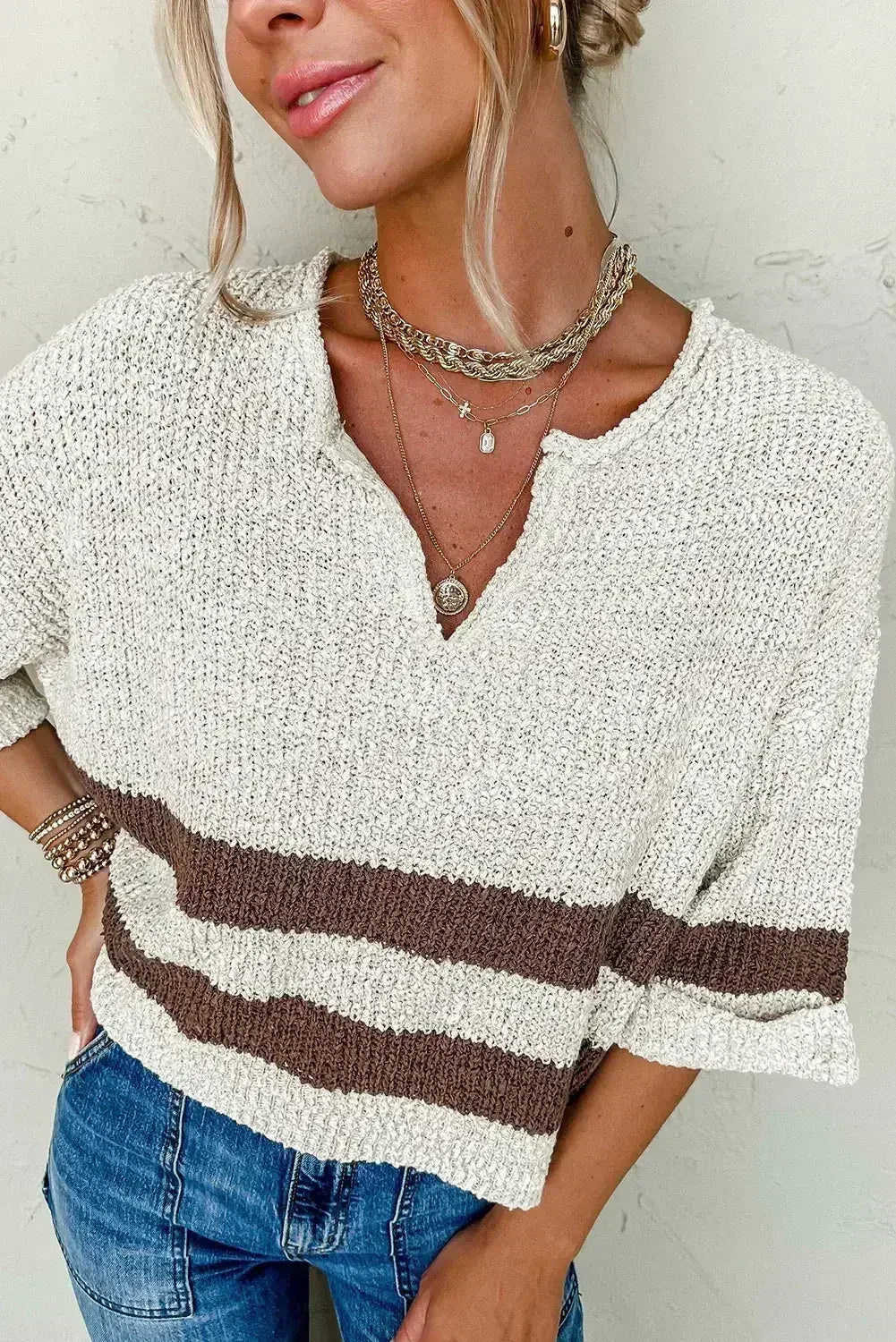 Brown Stripe Cropped Drop Sleeve Sweater