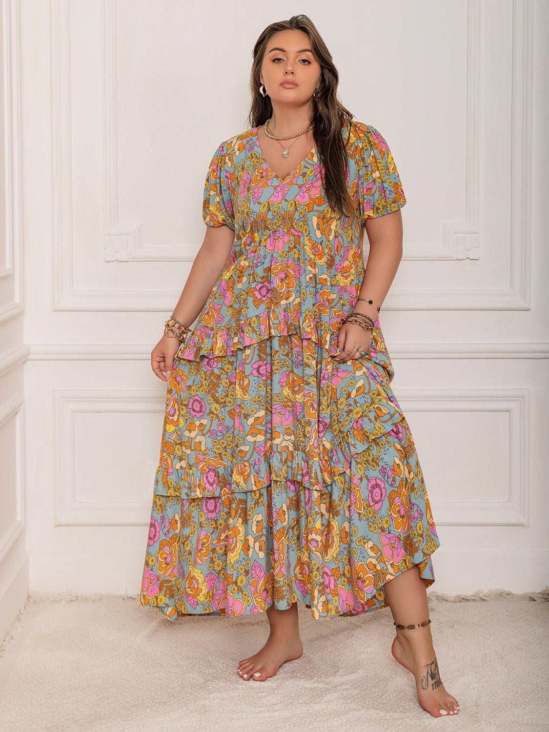 Plus Size Printed V-Neck Short Sleeve Maxi Dress Elegant & Flowy Summer Dress For Girls