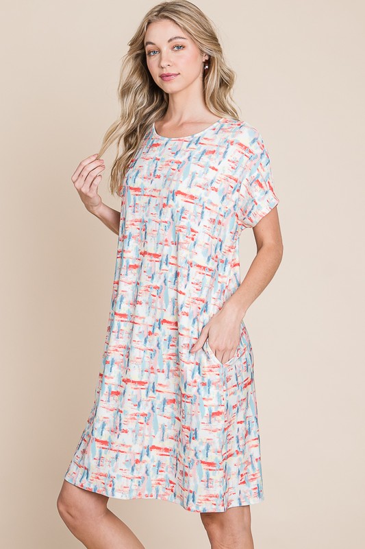 Printed Round Neck Short Sleeve Tee Dress For Women – Casual and Comfortable Dress with Printed Design and Pockets