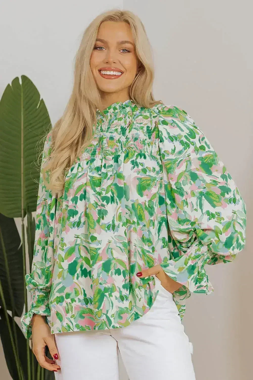 Leaf Print Flounce Sleeve Blouse - Botanical Top | Femstylo