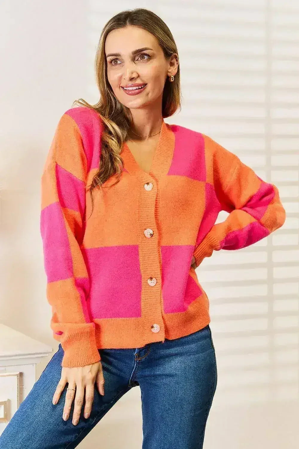 Checkered V-Neck Cardigan - Dropped Shoulder Style | Femstylo