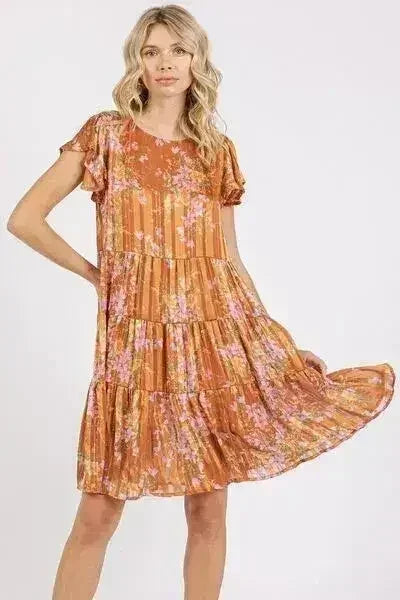 Flower Print Flutter Sleeve Tiered Caramel Dress – femstylo