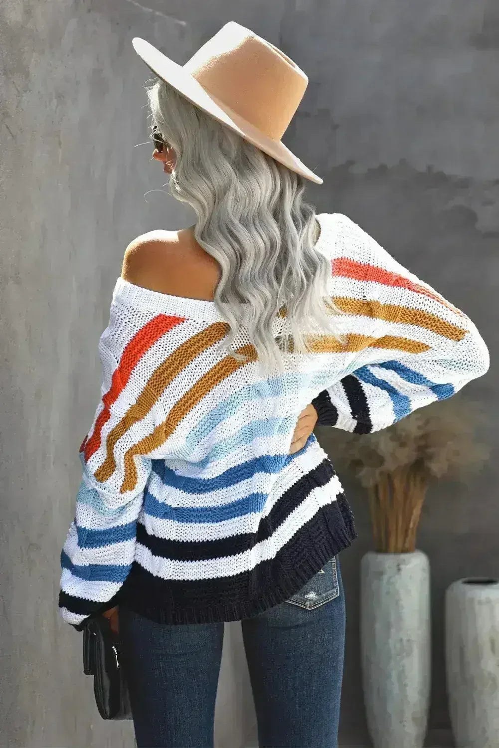 Colorful Striped Knit Sweater - Braided V-Neck Pullover with Puffy Sleeves | Femstylo