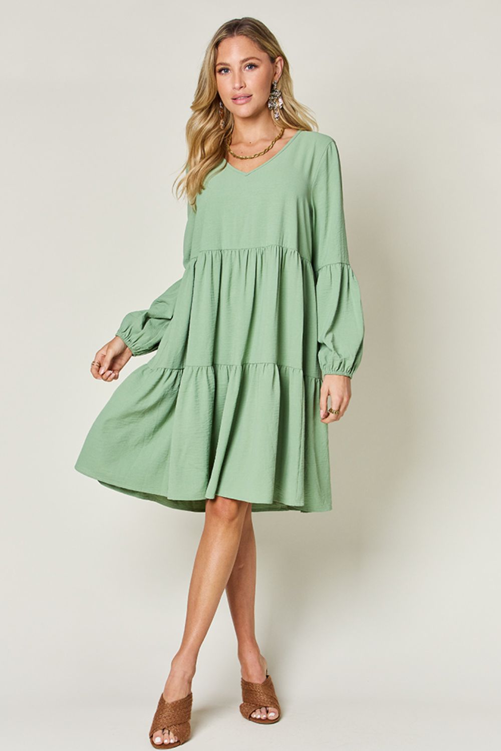 Light Green Double Take Full Size V-Neck Sleeve Tiered Dress with Pockets Elegant & Comfortable Casual Dress