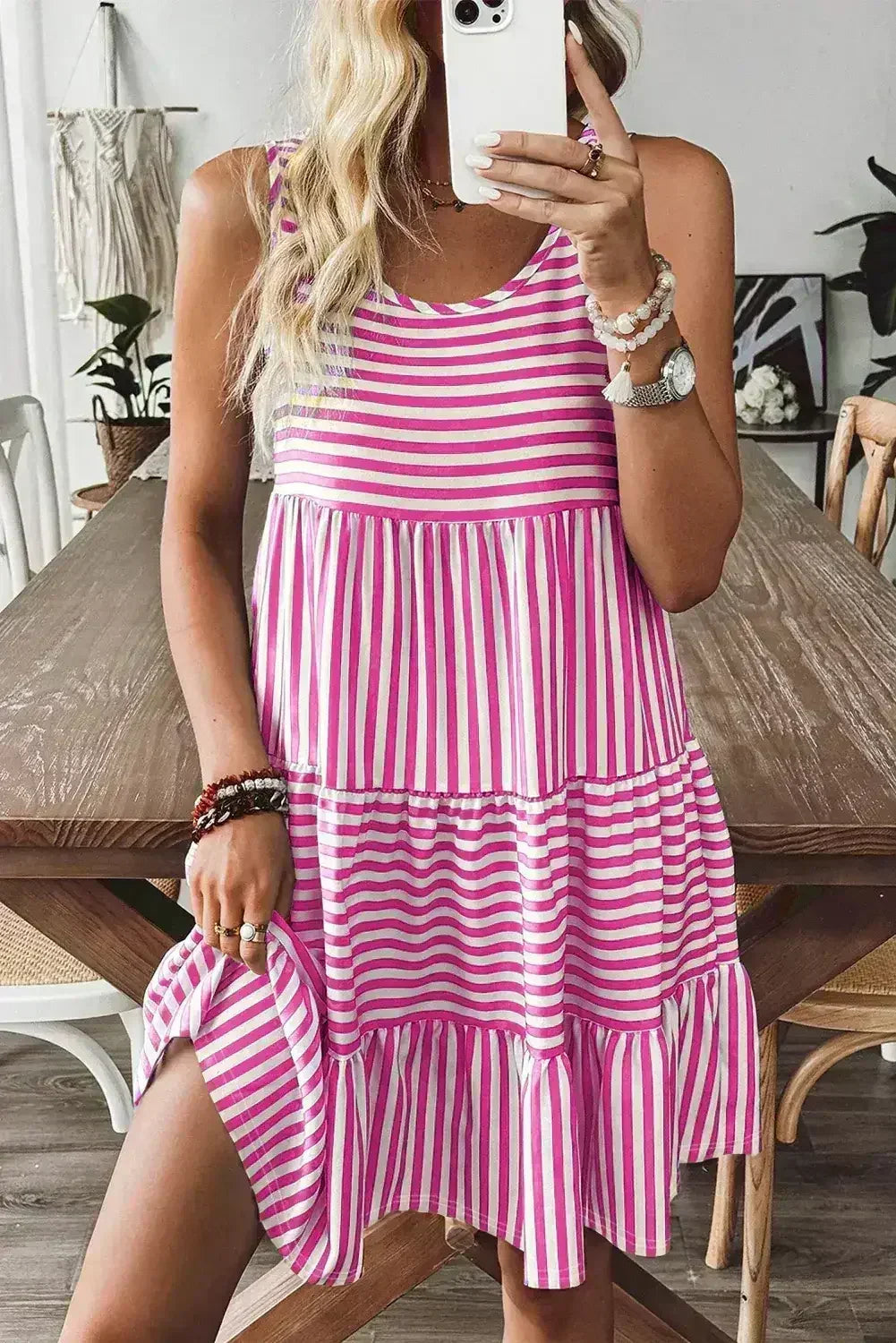 Black Stripe U Neck Sleeveless Loose Fit Mini Dress