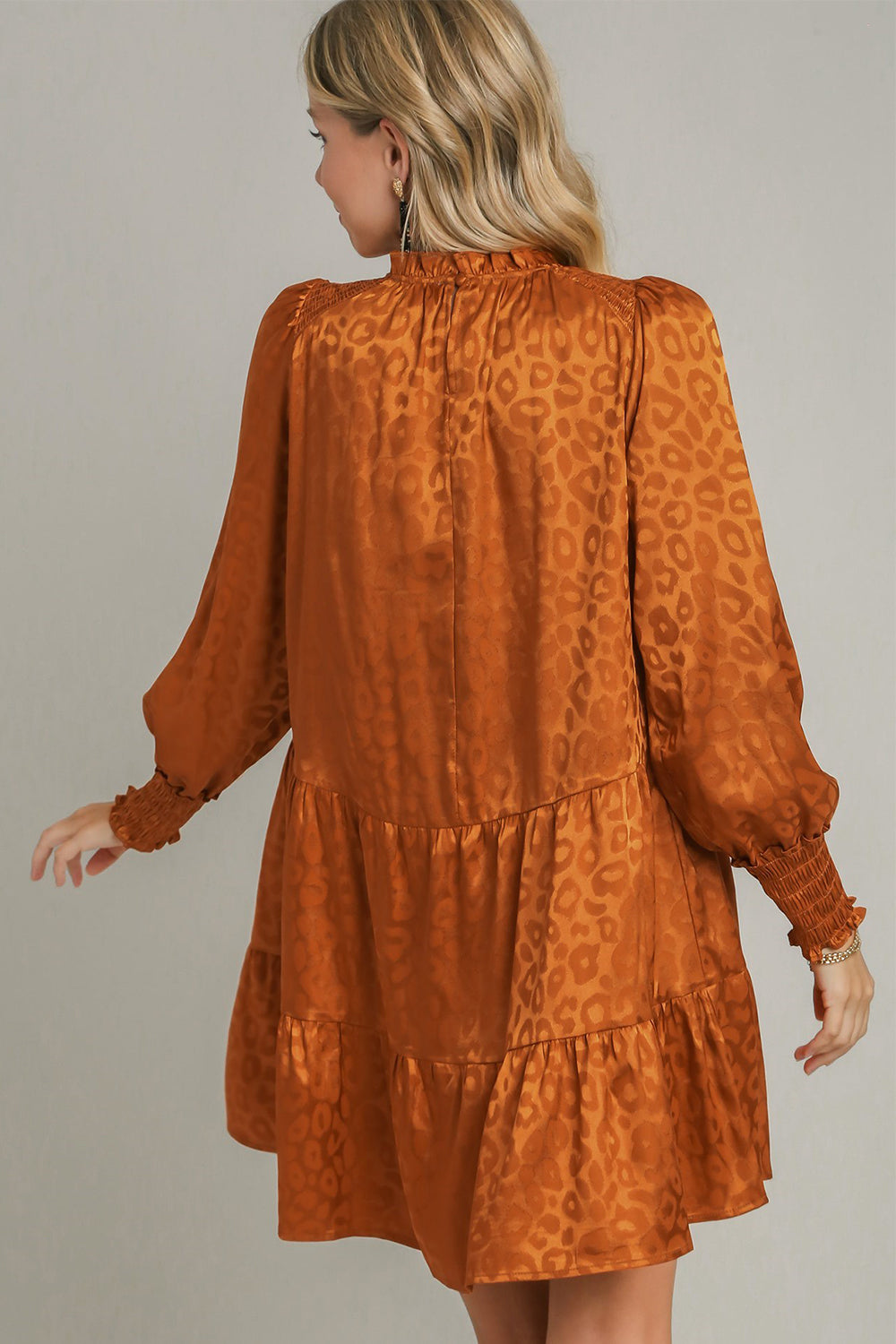 Smocked Leopard Long Sleeve Tiered Dress – Smocked Bodice, Bold Leopard Print, Tiered Design, Frill Details, Chic Dress for Casual and Semi-Formal Occasions