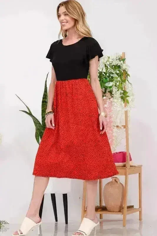 Two Tone Animal Print Midi Dress | Flutter Sleeve Plus Dress -femstylo