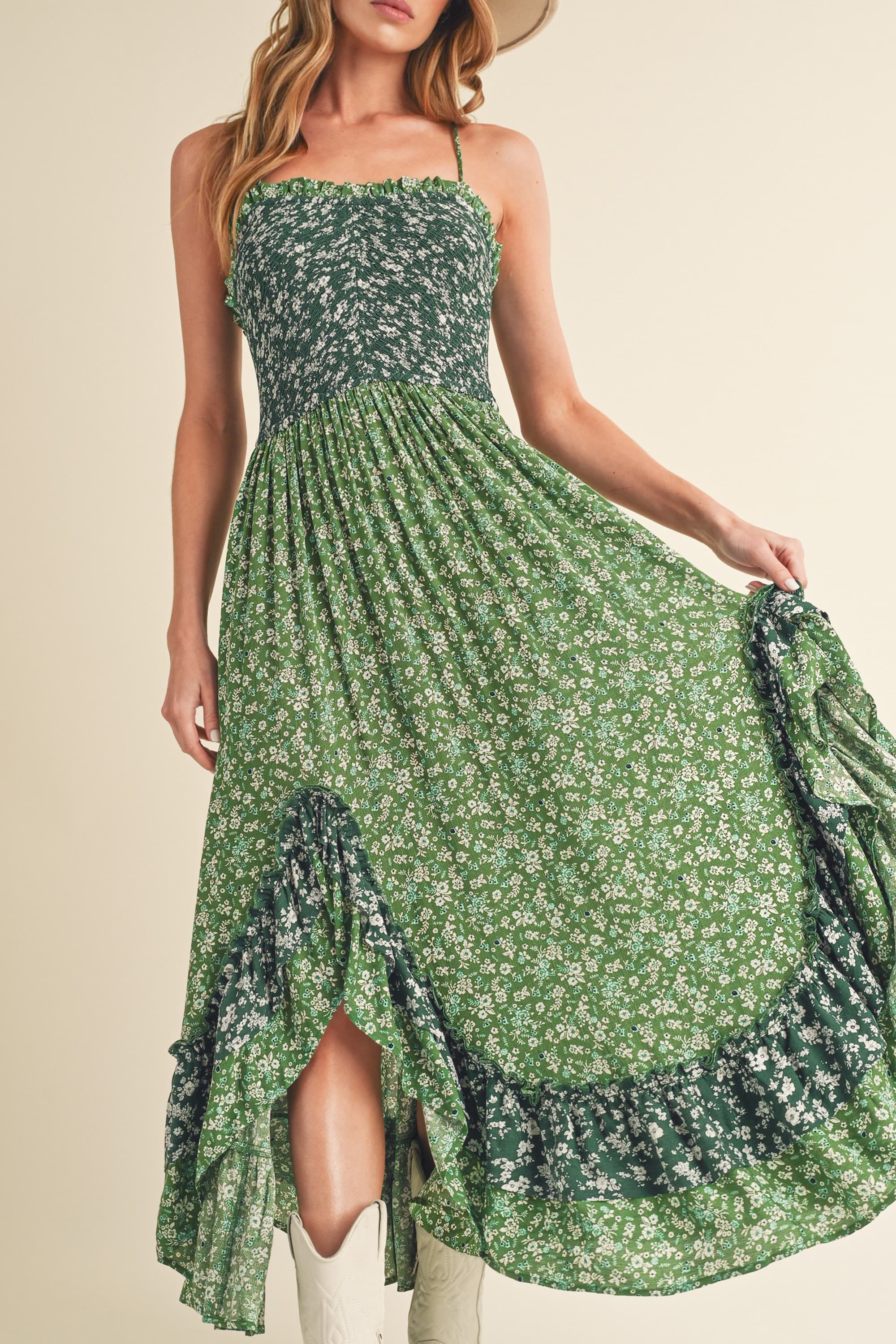 Ditsy Floral Ruffled Hem Maxi Cami Dress For Women –Romantic Floral Print, Flowy Maxi Length, Feminine & Elegant Design for Casual & Special Occasions