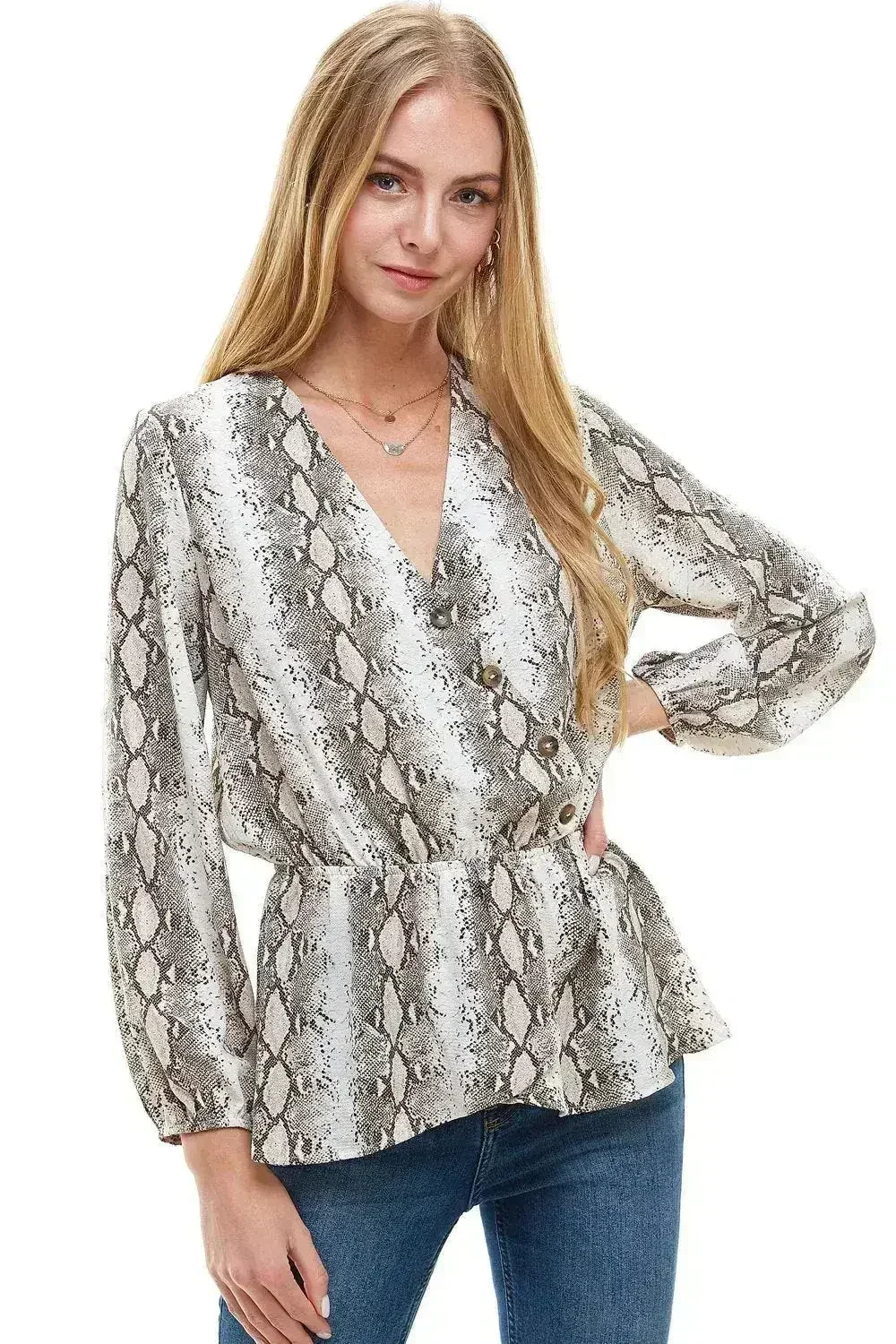 Snake V neck Button Front Peplum Long Sleeve Blouse Top | Femstylo