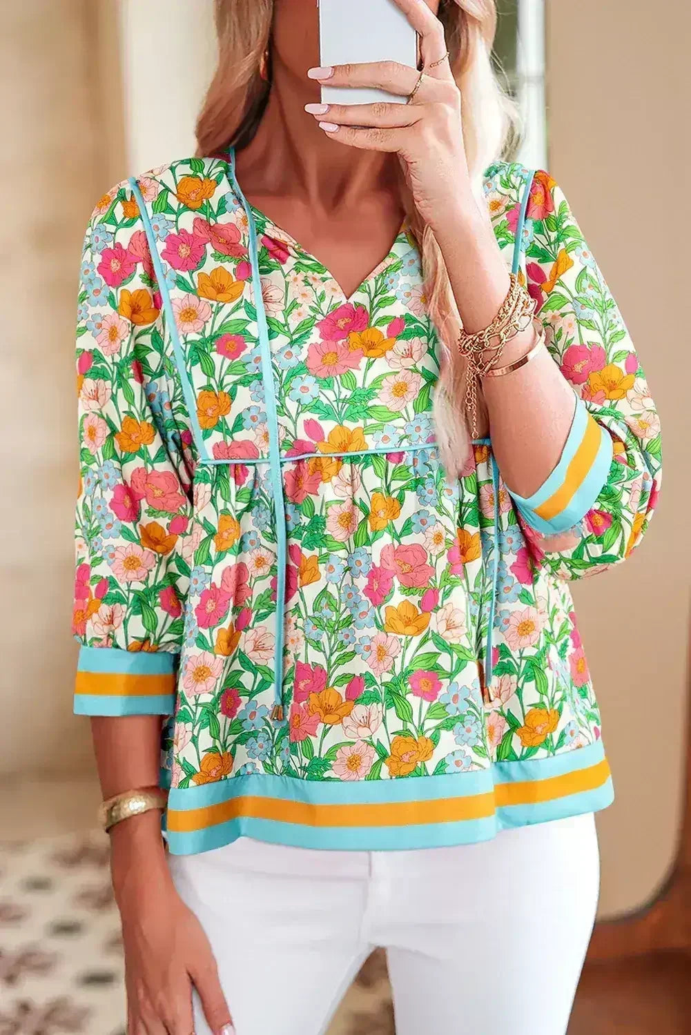 Green Floral Print Striped Trim Puff Sleeve Babydoll Blouse
