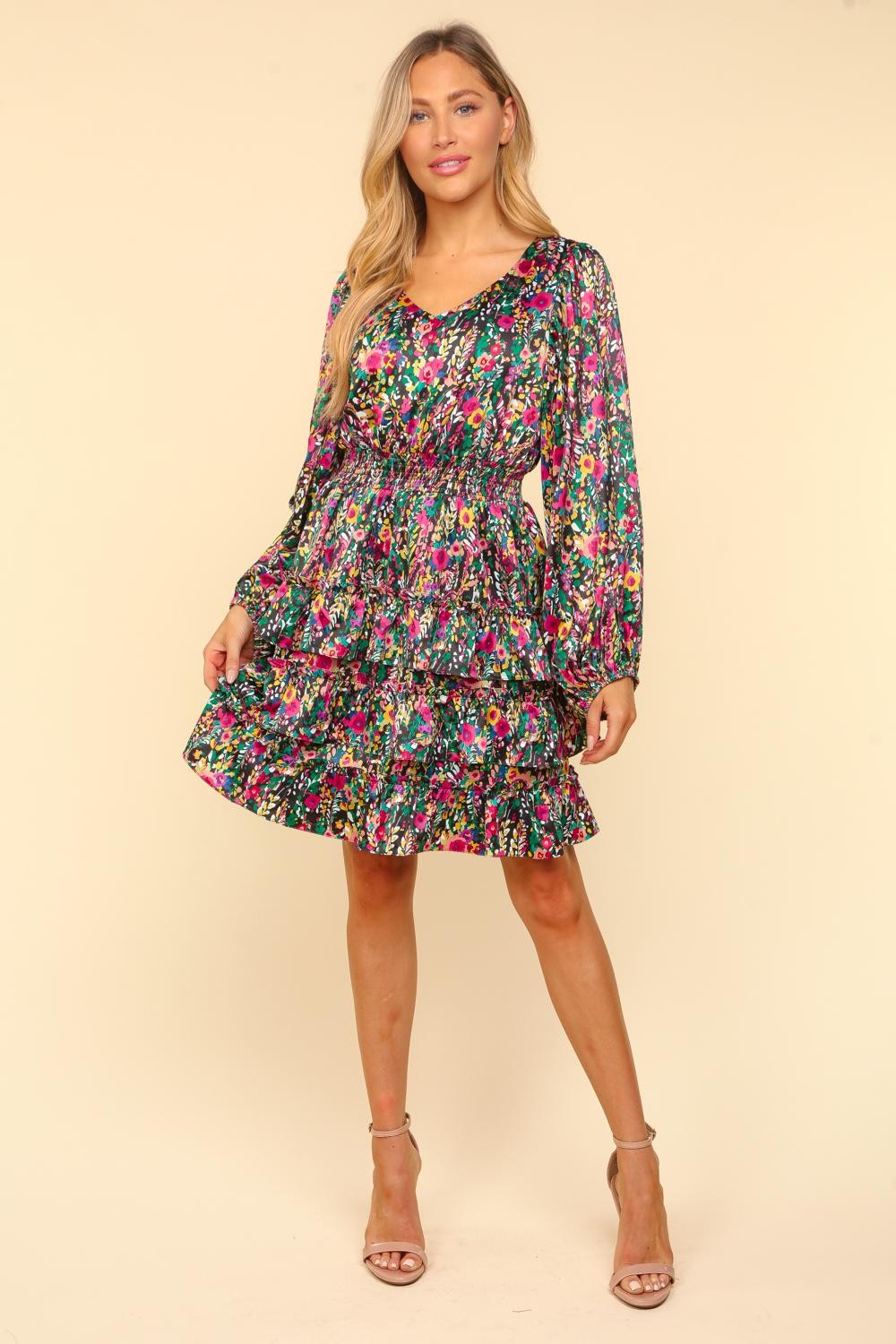 V-Neck Satin Floral Layered Dress – Satin Floral Dress, Layered V-Neck Dress, Elegant Floral Dress, Flowy Satin Dress, Summer Party Dress