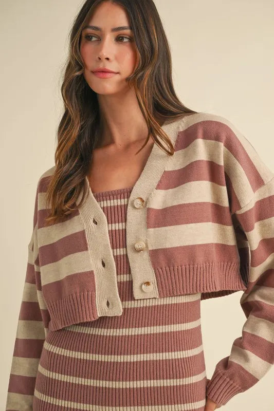 Stripe Crop Cardigan and Bodycon Dress Sweater Set – Two-Piece Knit Set, Striped Crop Cardigan Dress, Cozy Sweater Dress Set, Chic Layered Knit Outfit