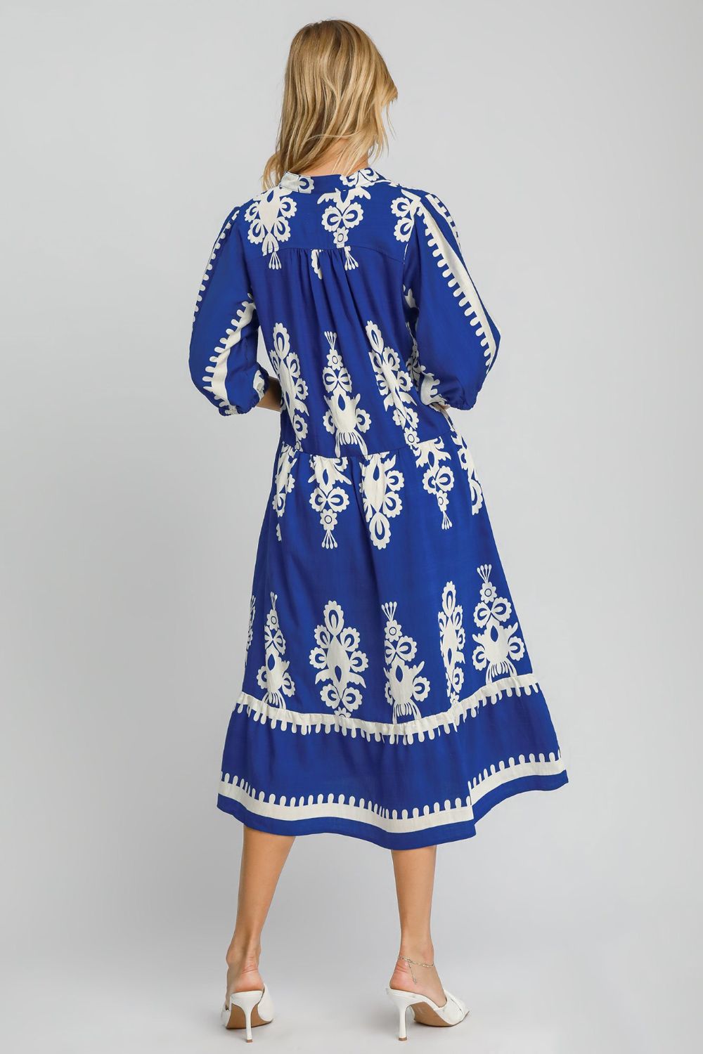 Royal Blue Printed Notched Midi Dress Elegant & Timeless Dress For Every Occasion