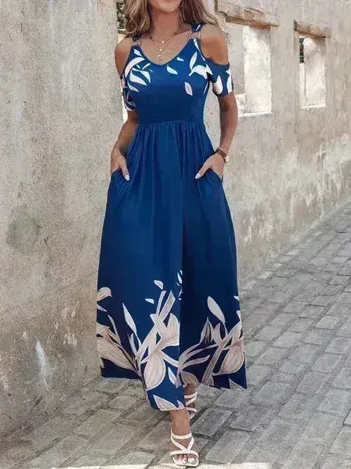Printed Cold Shoulder Maxi Dress - Stylish Polyester Dress | Femstylo