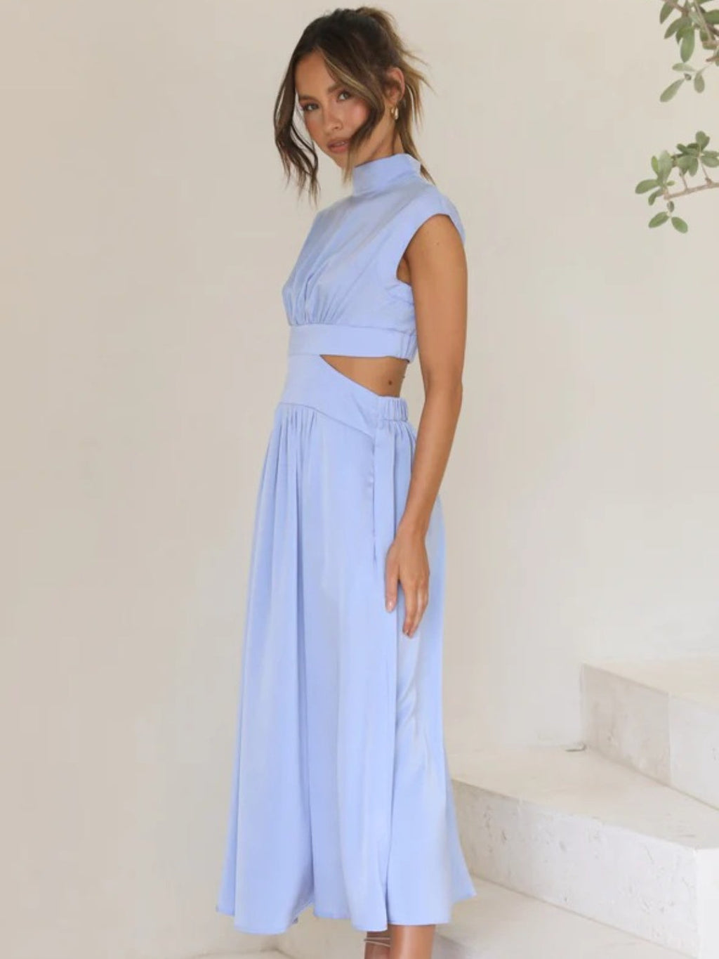 Modern Cutout Mock Neck Sleeveless Ruched Dress Elegant Dress For Women