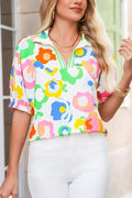 Green Abstract Leopard Short Sleeve Pop of Color Blouse | Femstylo