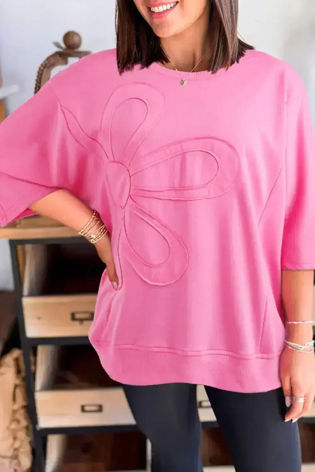 Clearly Aqua Solid Color Floral Patched Half Sleeve Tunic Top