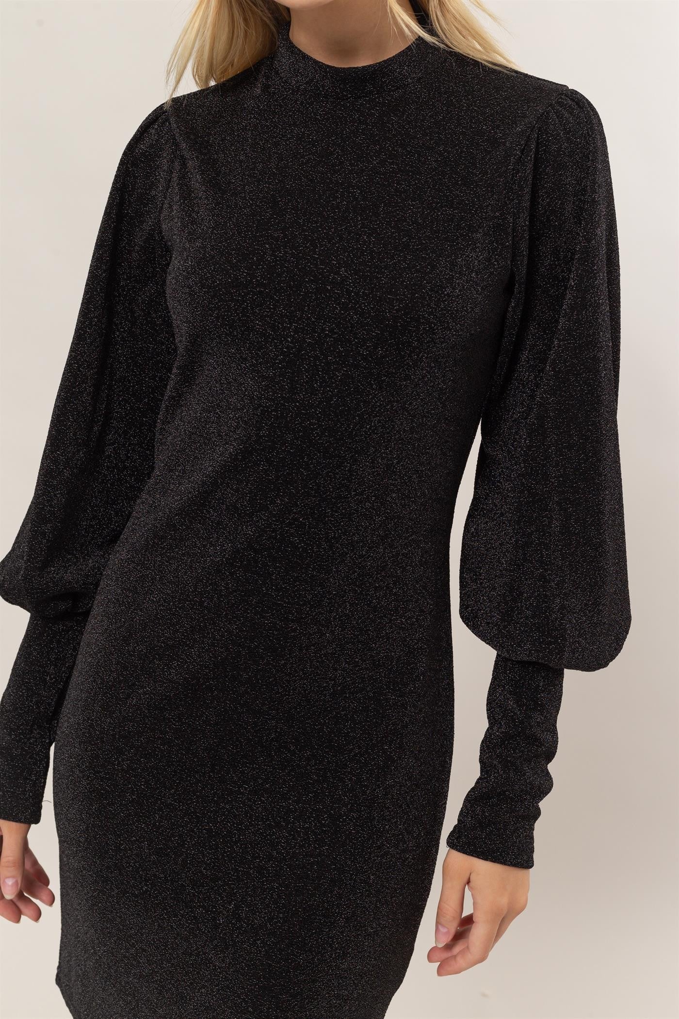 Glitter Mock Neck Long Sleeve Mini Dress – Sparkling Mock Neck Dress, Elegant, Flattering, Glitter Knit Dress, Elegant Mini Dress, Long Sleeve Party Dress, Statement Evening Dress