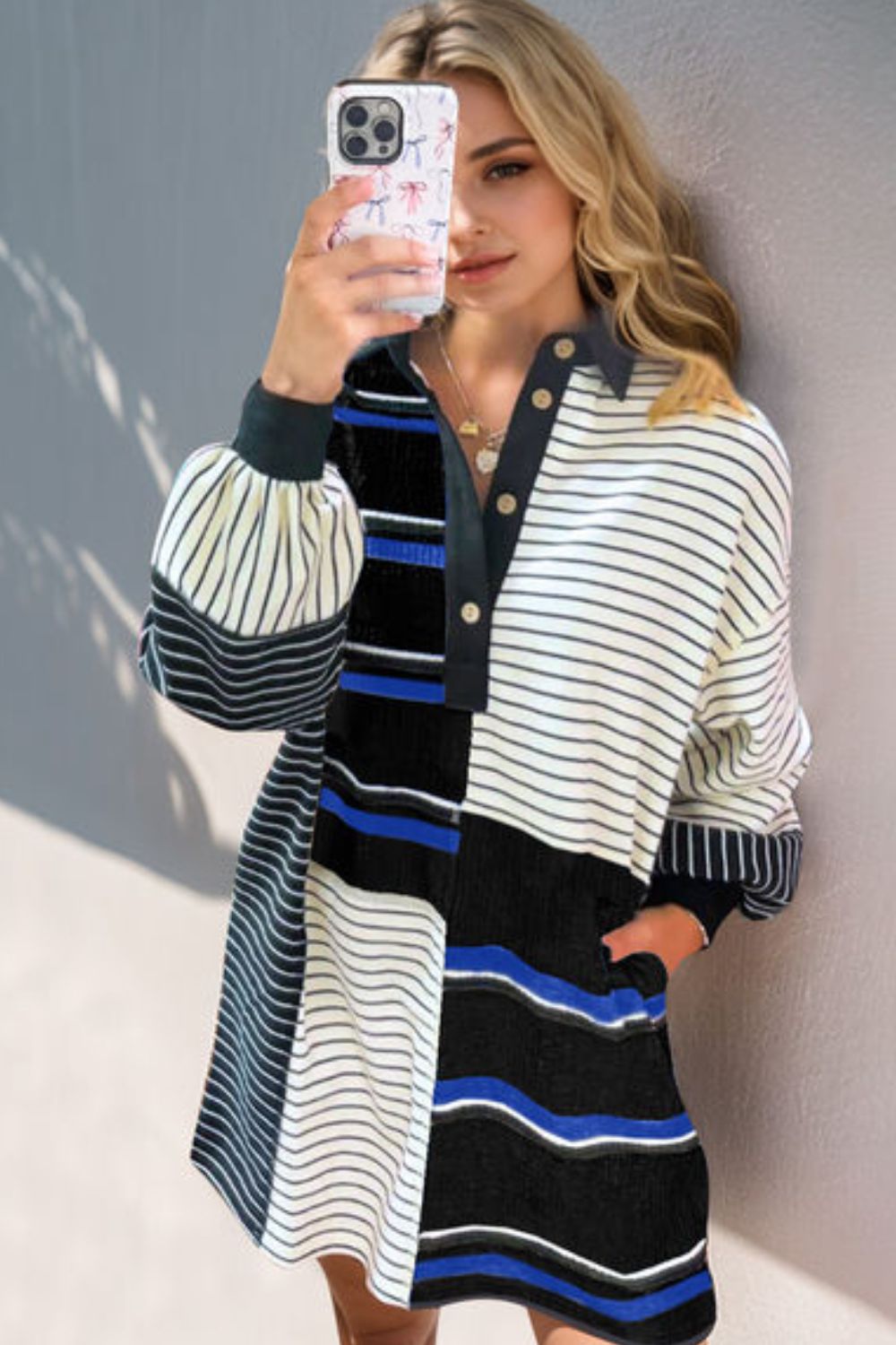 Full Size Striped Half Button Long Sleeve Mini Dress Trendy & Casual Everyday Wear