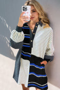 Full Size Striped Half Button Long Sleeve Mini Dress Trendy & Casual Everyday Wear