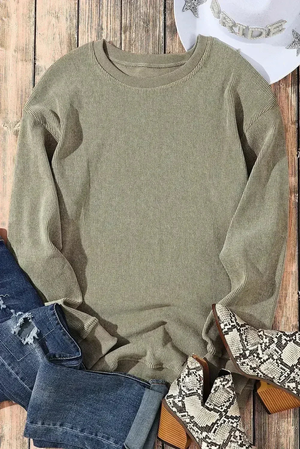 Green Ribbed Knit Sweatshirt - Round Neck Pullover | Femstylo