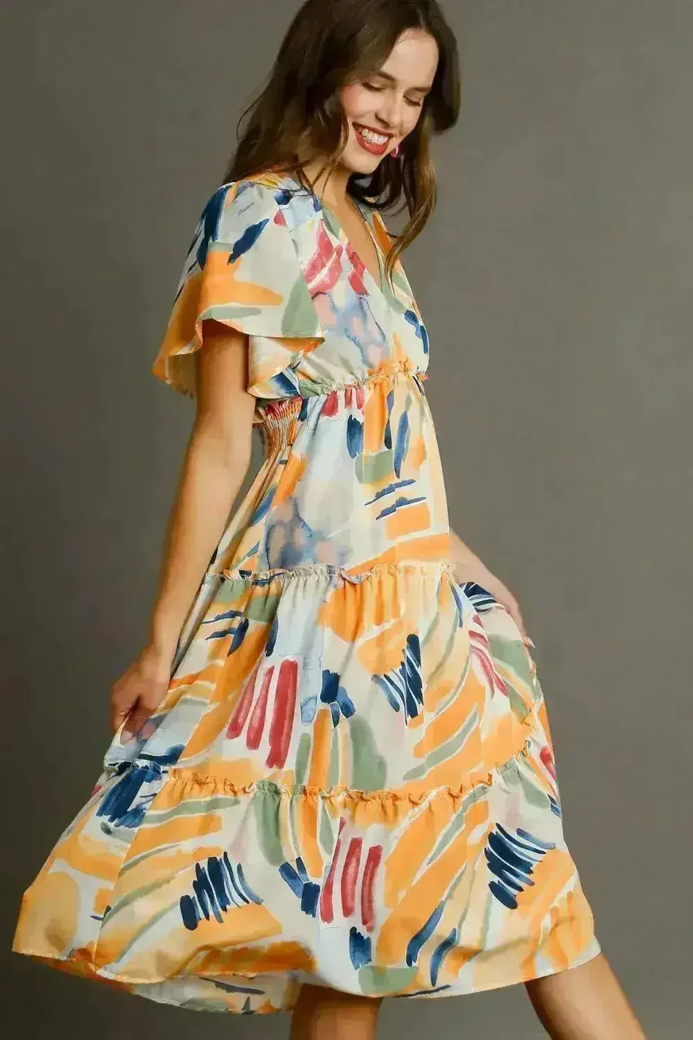 Umgee Abstract Print Midi Dress – Flutter Sleeves & Tiered Frill Detail