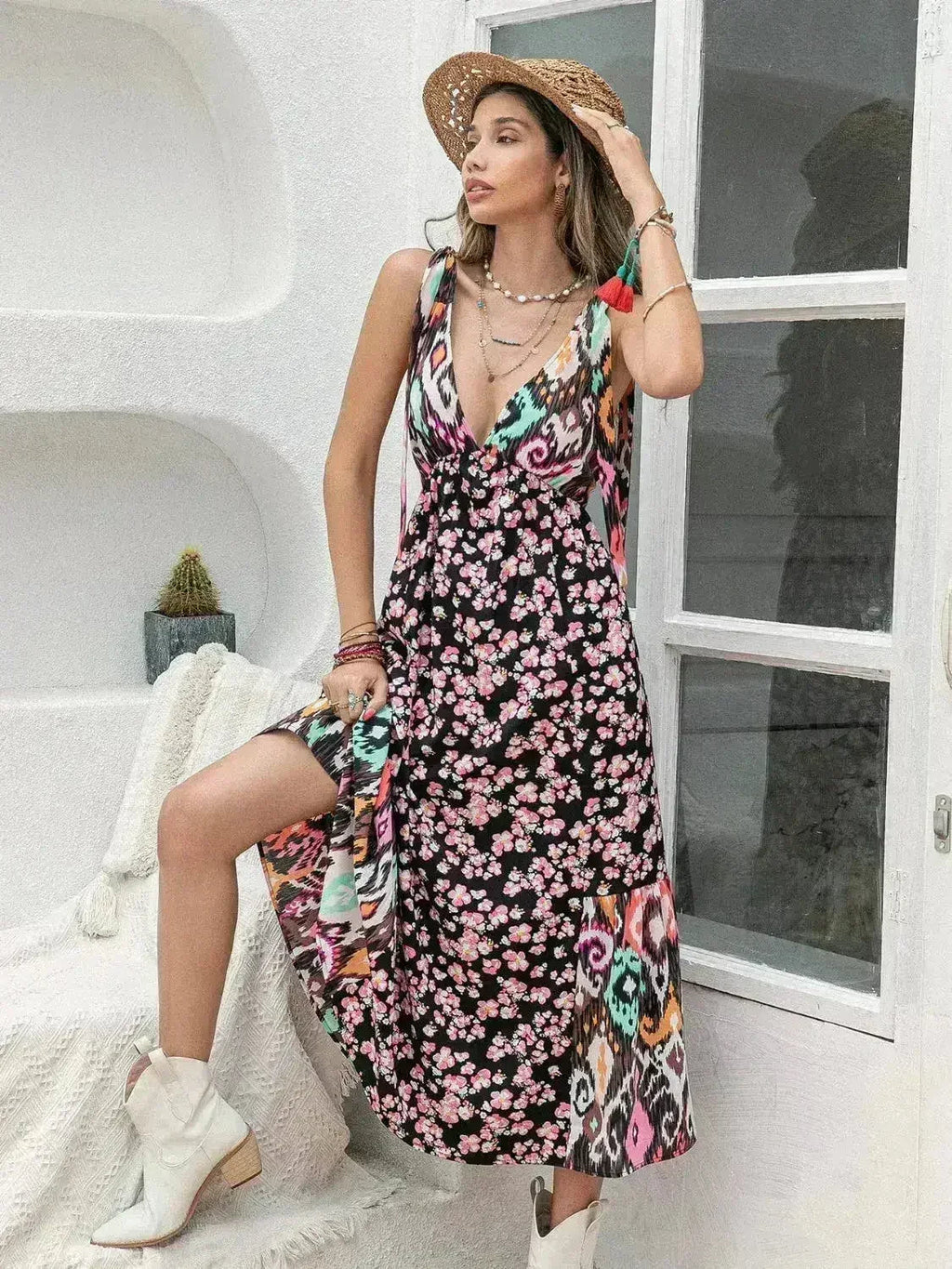 Printed Plunge Midi Dress | Sleeveless Tied Waist | Polyester