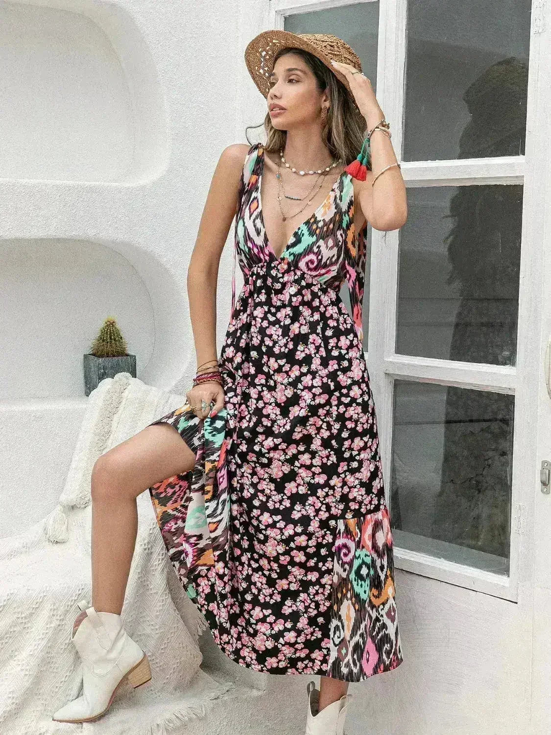 Printed Plunge Midi Dress | Sleeveless Tied Waist | Polyester