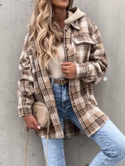Vintage Retro Style Women Camel Plaid Button Up Jacket with Removable Hood Classic & Cozy Everyday Wear