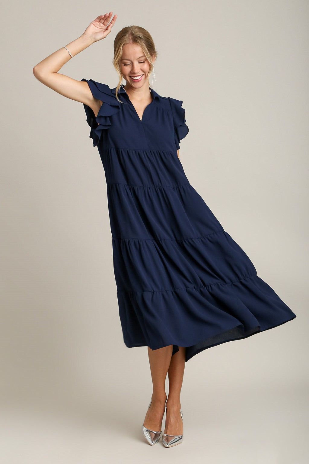 Dark Navy Full Size Ruffle Sleeve Dress Classic Feminine Plus Size Fashion Soft Dress
