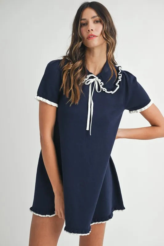 Ruffle Trimmed Collar Fine Knit Mini Dress For Women – Ruffle Mini Dress, Fine Knit Dress, Collar Dress, Feminine Mini Dress, Chic Knit Dress