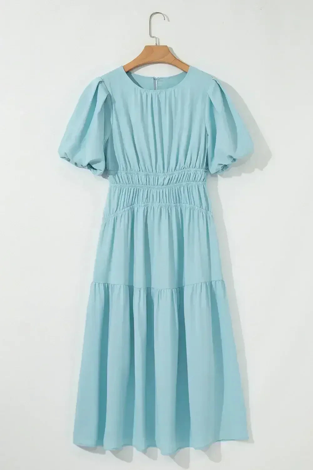Light Blue Puff Sleeve High Waist Flowy Midi Dress