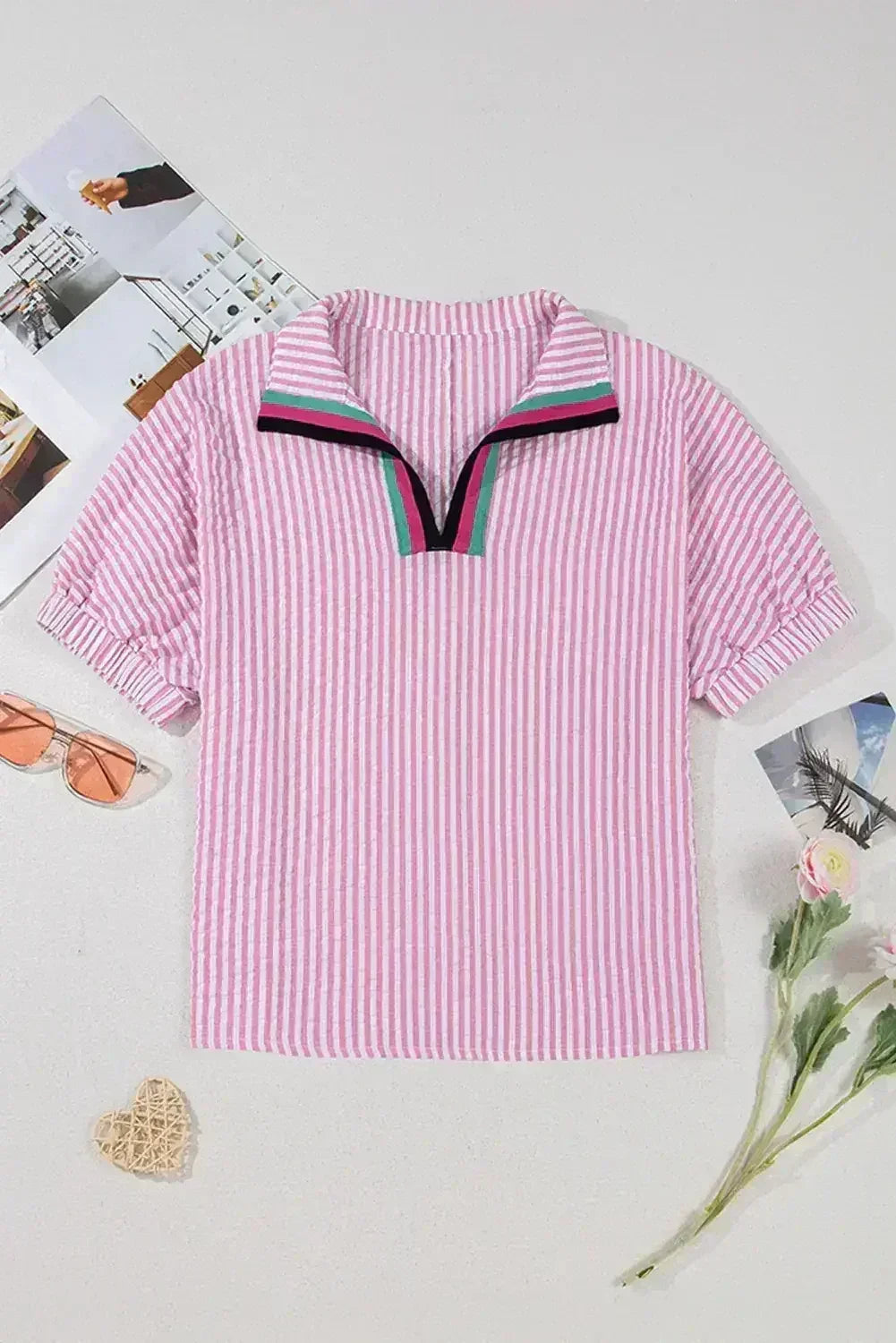 Sachet Pink Striped Dolman Sleeve Color Neckline Blouse | Femstylo