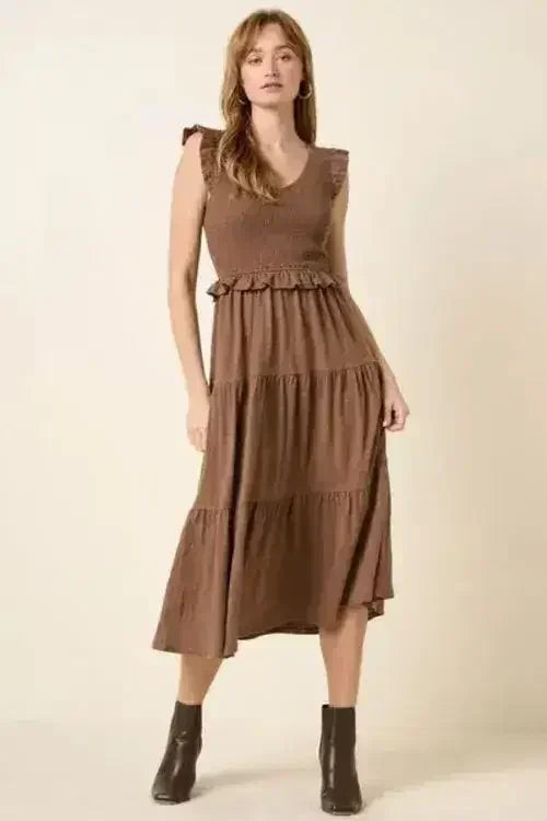 Smocked Ruffled Midi Dress - Romantic Tiered Cotton Dress | Femstylo