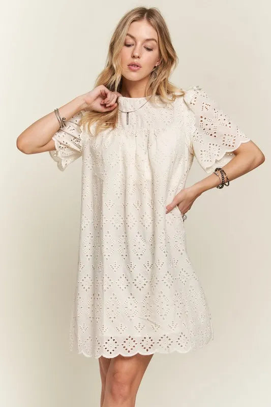 Ruffled Eyelet Round Neck Summer Dress For Women – Elegant Feminine Eyelet Dress with Ruffled Details for Garden Parties & Special Occasions