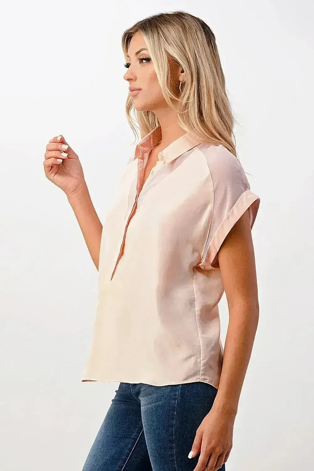 Rolled Sleeve Satin Blouse – Silk V-Neck Button-Up Tope | Femstylo
