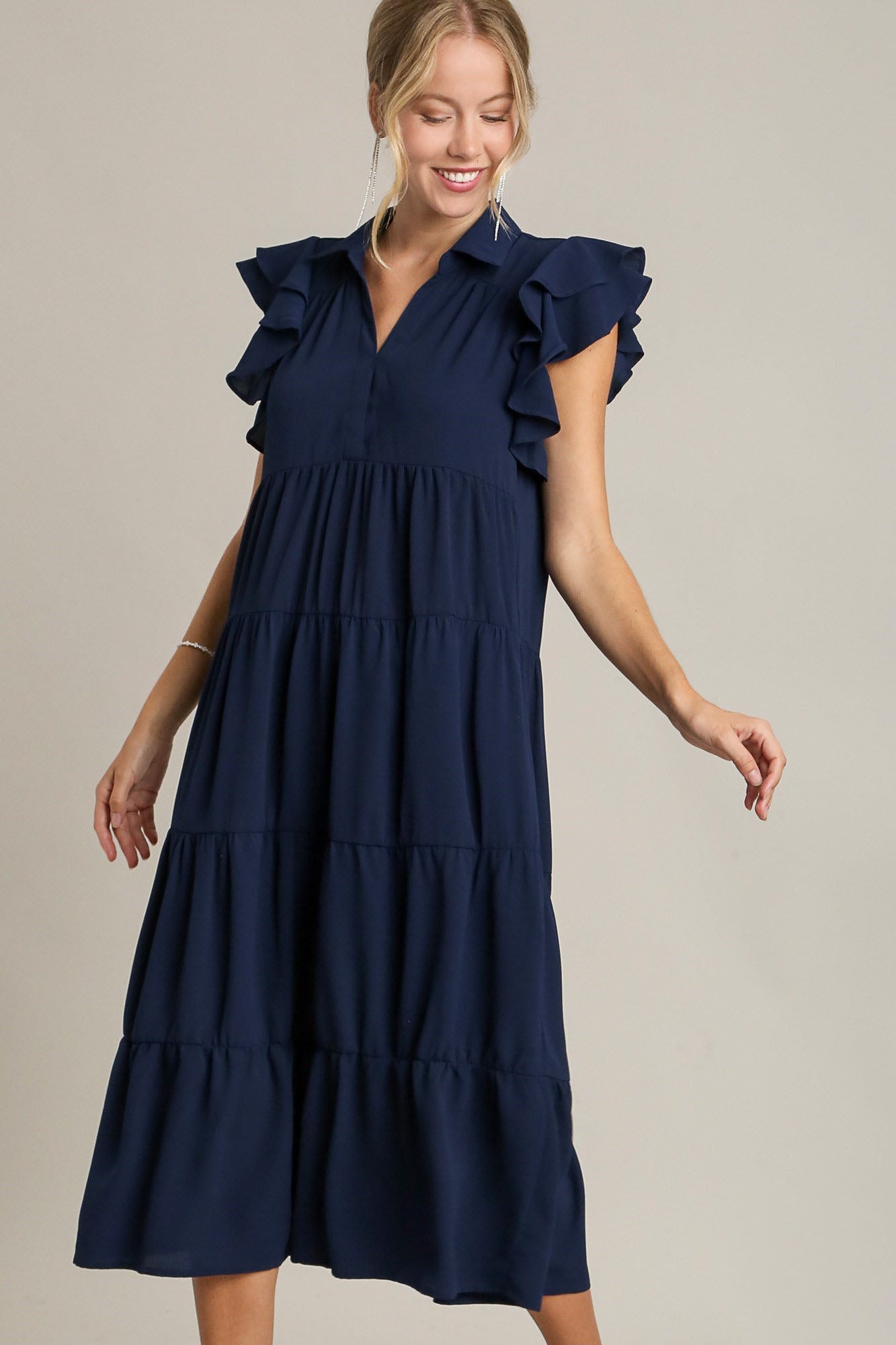 Dark Navy Full Size Ruffle Sleeve Dress Classic Feminine Plus Size Fashion Soft Dress