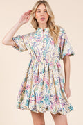 New Summer Floral Eyelet Lace Puff Sleeve Mini Shirt Dress For Women – Elegant, Trendy, Chic and Feminine Mini Shirt Dress with Puff Sleeves and Floral Eyelet Lace