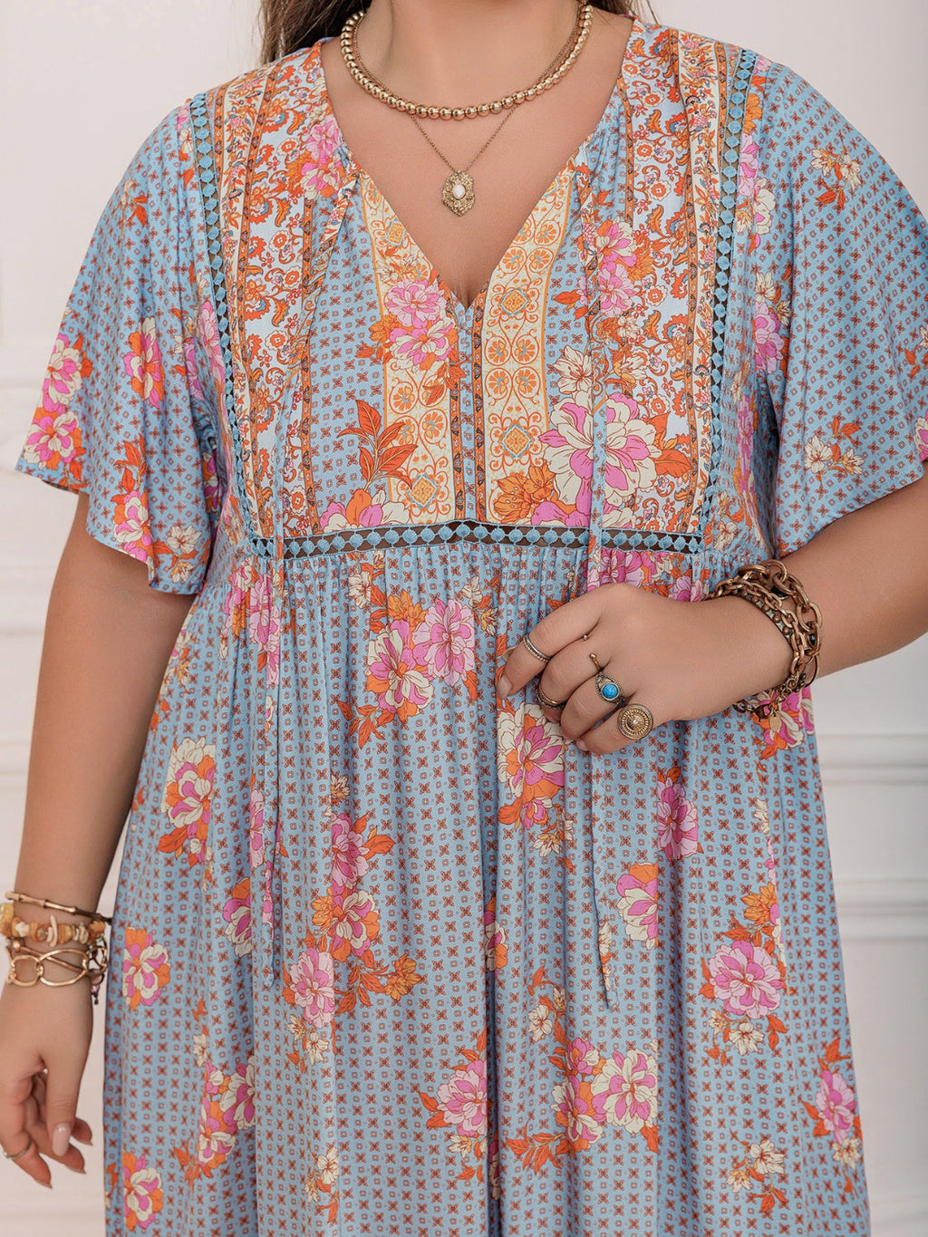 Pink Purple Plus Size Printed Flutter Sleeve Maxi Dress Elegant & Flowy Dress Unique Design