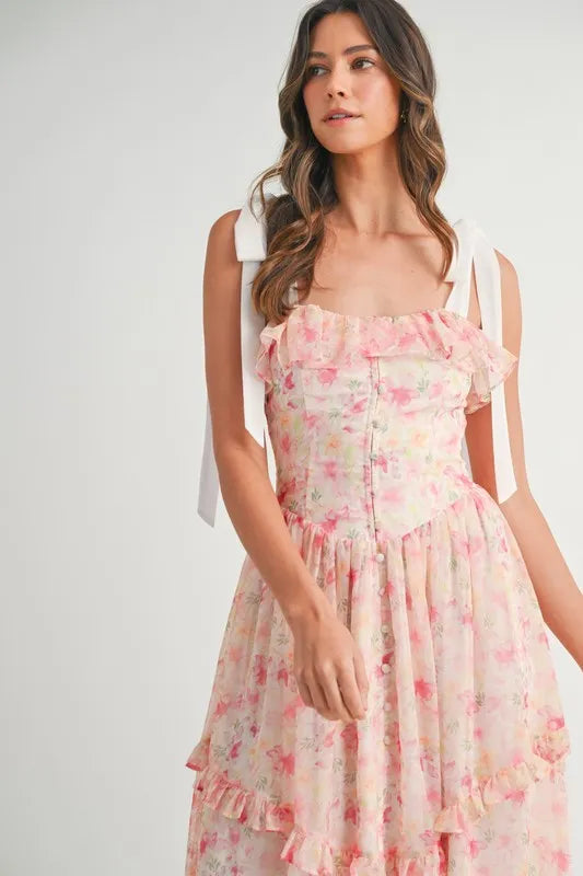 Floral Printed Shoulder Strap Midi Dress For Women – Floral Midi Dress, Shoulder Strap Dress, Ruffled Midi Dress, Feminine Floral Dress, Elegant Occasion Dress