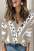 Khaki Animal Print Sweater - Leopard Accent V-Neck Pullover | Femstylo