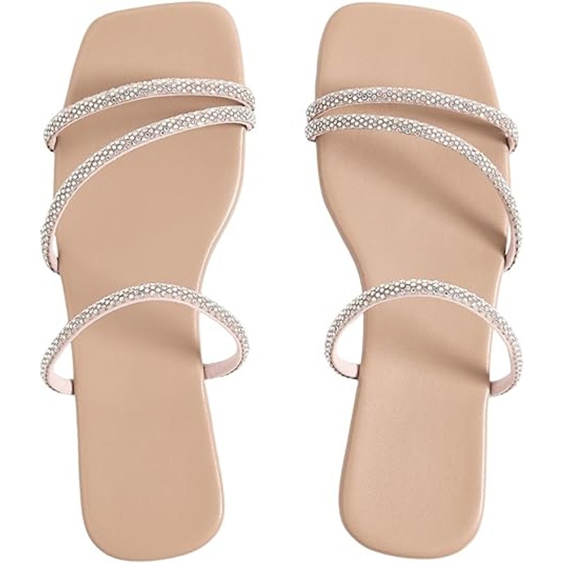 Gorglitter Womens 7.5 Tan Pink Rhinestone Open Toe Slide On Flat Sandal Shoes