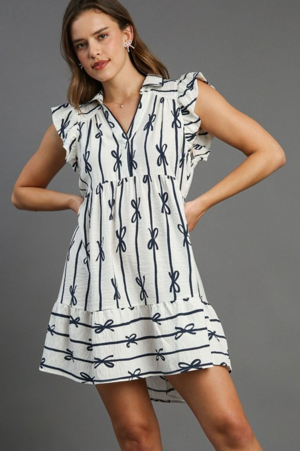 Full Size Ribbon Collared Mini Dress Elegant Plus Size Ruffled Dress
